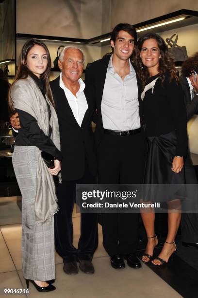 Kaka and his wife Caroline Celico, pose with Roberta Armani and Giorgio Armani at the Giorgio Armani Boutique Opening Cocktail Party during Milan...