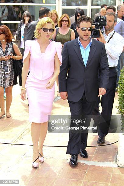 Actors Cate Blanchett and Russell Crowe attend the 'Robin Hood' Photocall held at the Palais Des Festivals during the 63rd Annual International...