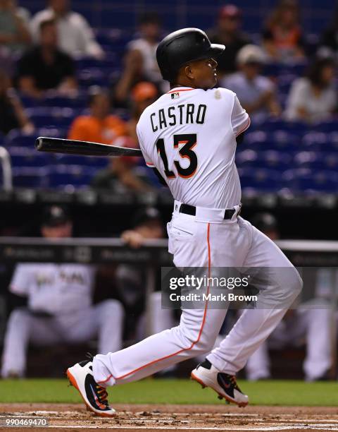 Starlin Castro of the Miami Marlins at bat during the game against the Arizona Diamondbacks at Marlins Park on June 27, 2018 in Miami, Florida.