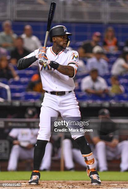 Cameron Maybin of the Miami Marlins at bat during the game against the Arizona Diamondbacks at Marlins Park on June 27, 2018 in Miami, Florida.