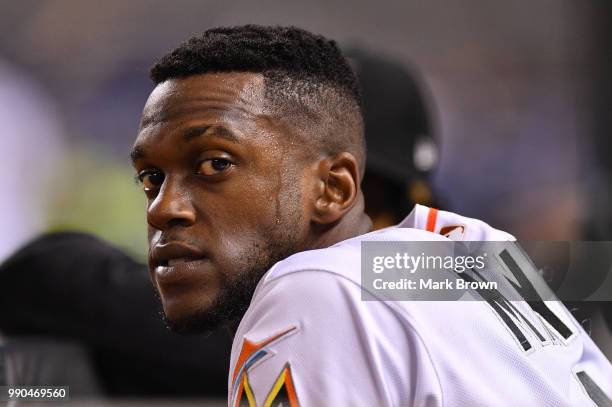 Cameron Maybin of the Miami Marlins in the dugout during the game against the Arizona Diamondbacks at Marlins Park on June 27, 2018 in Miami, Florida.