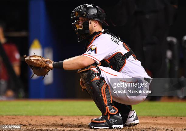 Bryan Holaday of the Miami Marlins in action during the game against the Arizona Diamondbacks at Marlins Park on June 27, 2018 in Miami, Florida.