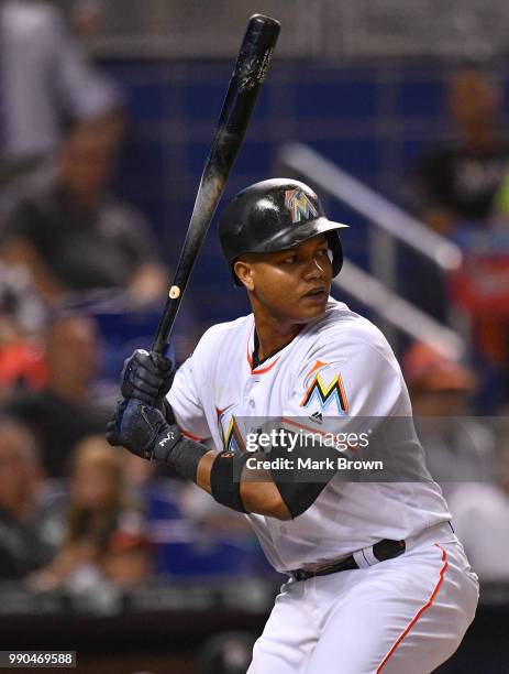 Starlin Castro of the Miami Marlins at bat during the game against the Arizona Diamondbacks at Marlins Park on June 27, 2018 in Miami, Florida.