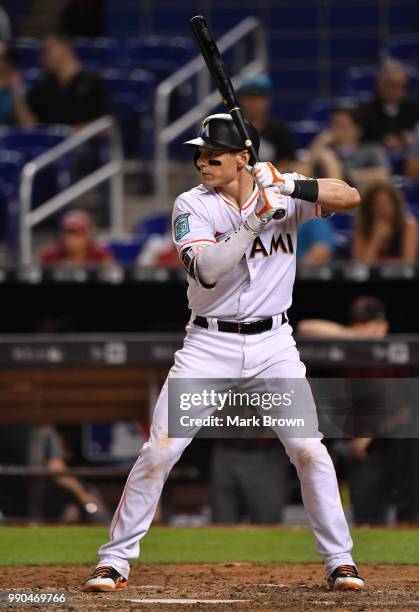 Derek Dietrich of the Miami Marlins at bat during the game against the Arizona Diamondbacks at Marlins Park on June 27, 2018 in Miami, Florida.