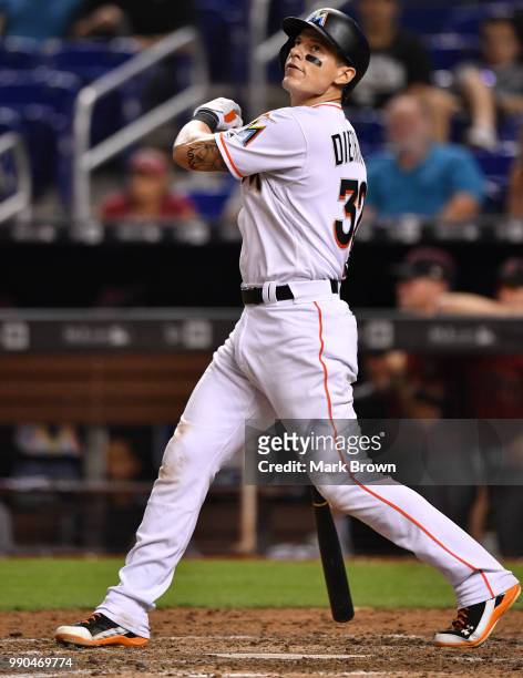 Derek Dietrich of the Miami Marlins at bat during the game against the Arizona Diamondbacks at Marlins Park on June 27, 2018 in Miami, Florida.