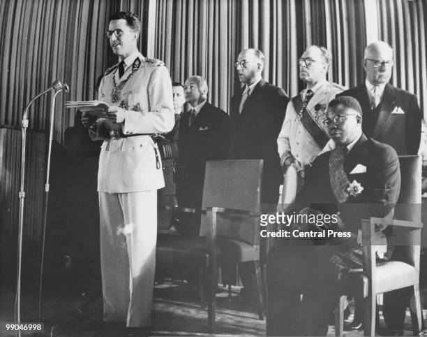 King Baudouin of Belgium , speaking at the Congo Independence celebrations in Leopoldville , 30th June 1960. On the far right is President of the new...