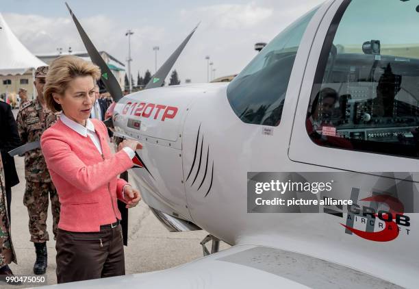 German Defence Minister, Ursula von der Leyen inspects a Grob G 120TP turboprop training and aerobatic aircraft, at the Marka International Airport...