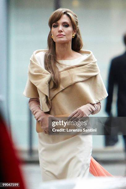 Actress Angelina Jolie films in Place des Victoires of Paris for the Movie "The Tourist" on February 25, 2010 in Paris, France.