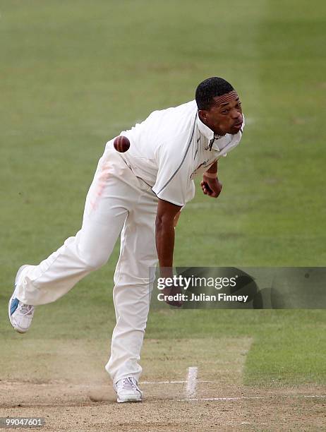 Makhaya Ntini of Kent bowls during day two of the LV= County Championship match between Essex and Kent at the County ground on May 12, 2010 in...