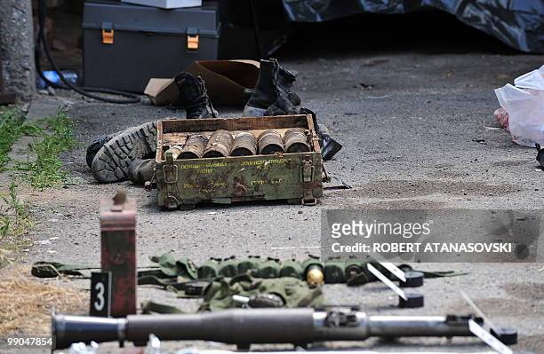 Weapons and material seized after a shootout, in Skopje, Macedonia, are pictured on May 12, 2010. Four people were killed in a shootout in a village...