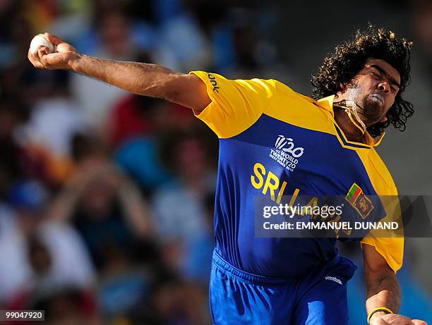 Sri Lankan bowler Lasith Malinga delivers a ball during the ICC World Twenty20 Super Eight match between West Indies and Sri Lanka at the Kensington...