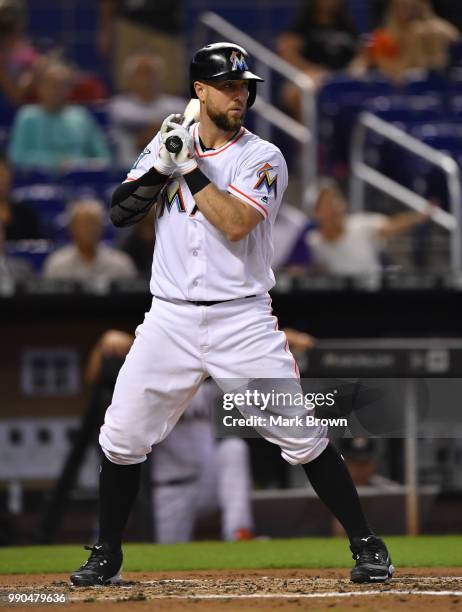 Bryan Holaday of the Miami Marlins at bat during the game against the Arizona Diamondbacks at Marlins Park on June 28, 2018 in Miami, Florida.