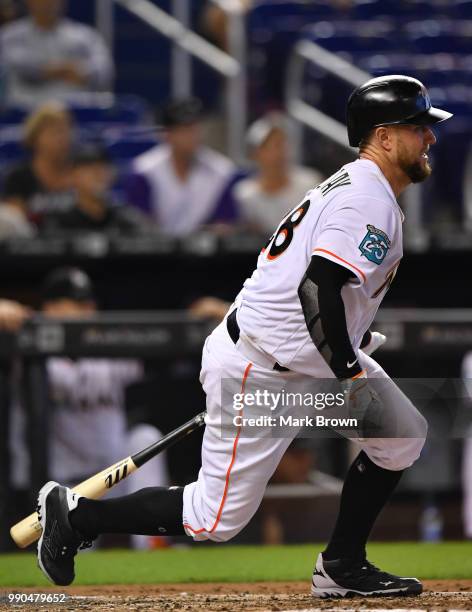 Bryan Holaday of the Miami Marlins at bat during the game against the Arizona Diamondbacks at Marlins Park on June 28, 2018 in Miami, Florida.