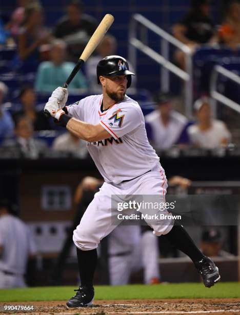 Bryan Holaday of the Miami Marlins at bat during the game against the Arizona Diamondbacks at Marlins Park on June 28, 2018 in Miami, Florida.