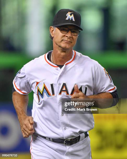 Don Mattingly of the Miami Marlins in action during the game against the Arizona Diamondbacks at Marlins Park on June 28, 2018 in Miami, Florida.