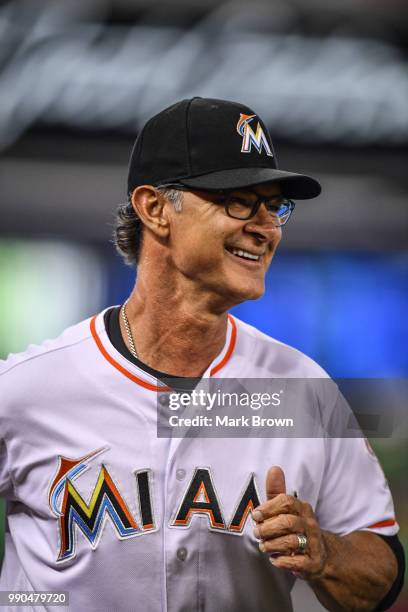 Don Mattingly of the Miami Marlins in action during the game against the Arizona Diamondbacks at Marlins Park on June 28, 2018 in Miami, Florida.