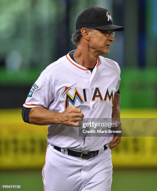 Don Mattingly of the Miami Marlins in action during the game against the Arizona Diamondbacks at Marlins Park on June 28, 2018 in Miami, Florida.