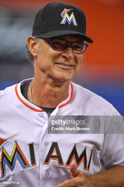Don Mattingly of the Miami Marlins in action during the game against the Arizona Diamondbacks at Marlins Park on June 28, 2018 in Miami, Florida.