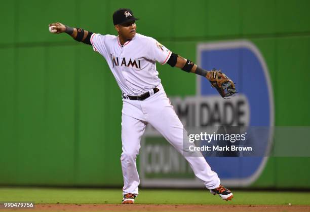 Starlin Castro of the Miami Marlins makes a throw to first base during the game against the Arizona Diamondbacks at Marlins Park on June 28, 2018 in...