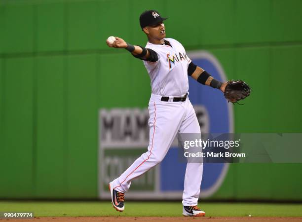 Starlin Castro of the Miami Marlins makes a throw to first base during the game against the Arizona Diamondbacks at Marlins Park on June 28, 2018 in...