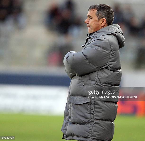 Arles-Avignon's coach Michel Estevan reacts during the French L2 football match Sedan vs. Arles-Avignon, on May 7, 2010 in Sedan, northeastern...