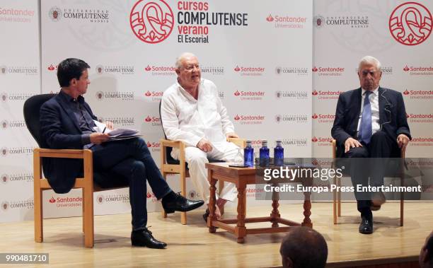 Former French Prime Minister Manuel Valls, Juan Jesus Armas Marcelo and Nobel prize winner for literature Mario Vargas Llosa attend El Escorial...