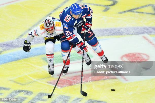 Mannheim's Denis Reul and Berlin's Blake Parlett fight over the puck at the SAP-Arena in Mannheim, Germany, 14 January 2018. Photo: Uwe Anspach/dpa