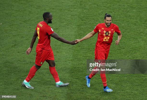 Romelu Lukaku and Nacer Chadli of Belgium celebrate during the 2018 FIFA World Cup Russia Round of 16 match between Belgium and Japan at Rostov Arena...