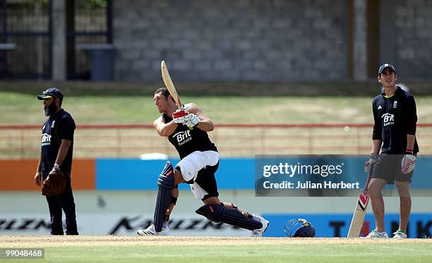 Craig Kieswetter looks on as Tim Bresnan of the England World Twenty20 team takes part in a nets session at the Beausejour Cricket Ground on May 12,...