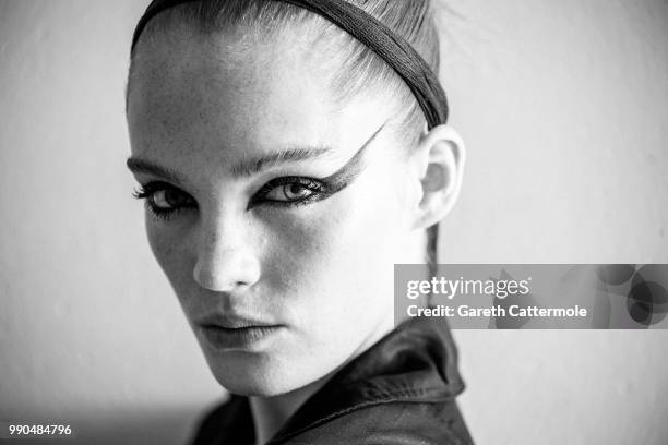 Alexina Graham poses backstage before the Georges Hobeika Haute Couture Fall Winter 2018/2019 show as part of Paris Fashion Week on July 2, 2018 in...