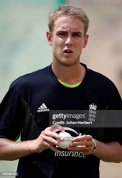 Stuart Broad of the England World Twenty20 team takes part in a nets session at the Beausejour Cricket Ground on May 12, 2010 in Gros Islet, Saint...