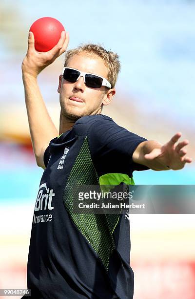 Stuart Broad of the England World Twenty20 team takes part in a nets session at the Beausejour Cricket Ground on May 12, 2010 in Gros Islet, Saint...