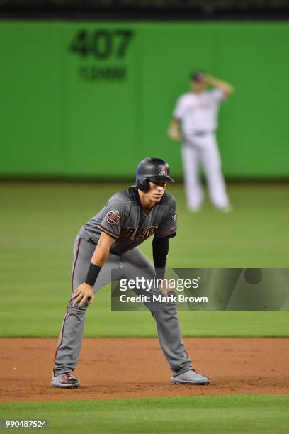 Jake Lamb of the Arizona Diamondbacks on base during the game against the Miami Marlins at Marlins Park on June 28, 2018 in Miami, Florida.