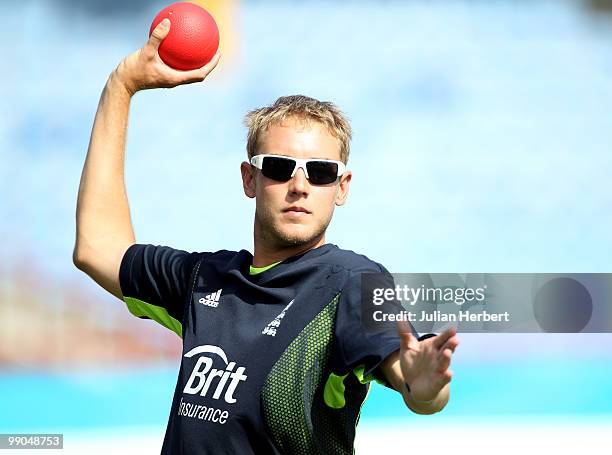 Stuart Broad of the England World Twenty20 team takes part in a nets session at the Beausejour Cricket Ground on May 12, 2010 in Gros Islet, Saint...