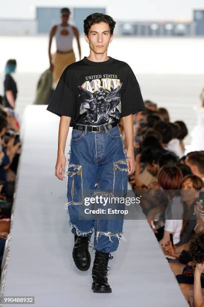 Model walks the runway during the Vetements Haute Couture Fall Winter 2018/2019 show as part of Paris Fashion Week on July 1, 2018 in Paris, France.