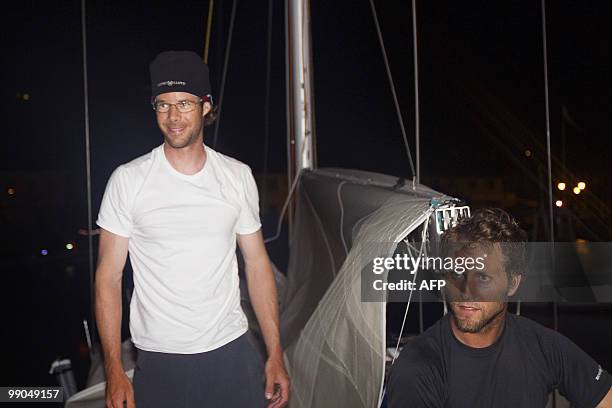 French skippers Antoine Koch and Joseph Brault stand on their "Gaspe 7" monohull upon their arrival at the end of the transat AG2R La Mondiale...