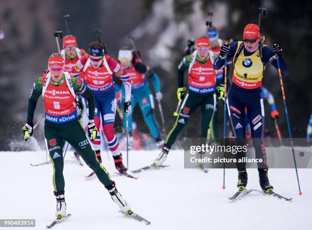 Denise Herrmann of Germany , Synnoeve Solemdal of Norway, Laura Dahlmeier of Germany and Anastasiya Kuzmina of Slovakia in action during the women's...