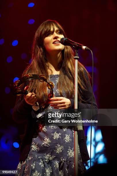 Zooey Deschanel of She & Him performs on stage during day two of All Tomorrow's Parties Festival at Butlins Holiday Centre on May 8, 2010 in...