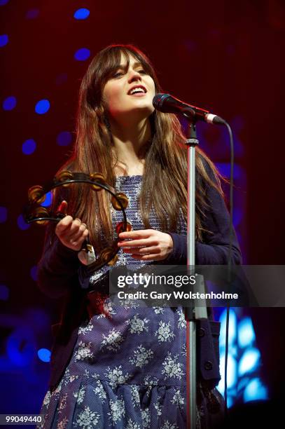 Zooey Deschanel of She & Him performs on stage during day two of All Tomorrow's Parties Festival at Butlins Holiday Centre on May 8, 2010 in...