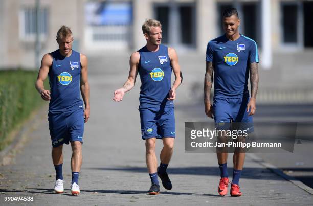 Per Skjelbred, Fabian Lustenberger and Davie Selke of Hertha BSC before the Training on july 3, 2018 in Berlin, Germany.