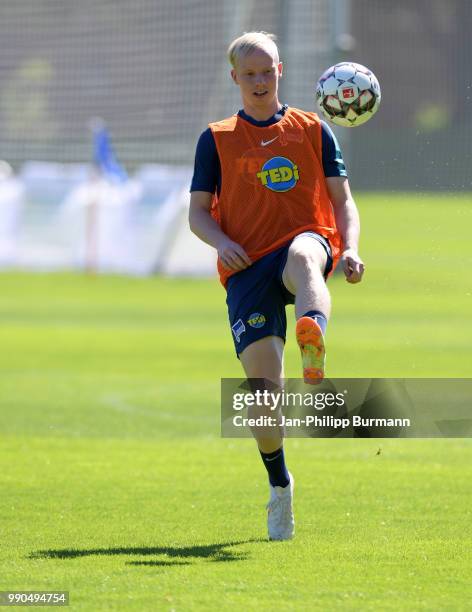 Dennis Jastrzembski of Hertha BSC juggles during the training at the Schenkendorfplatz on july 3, 2018 in Berlin, Germany.