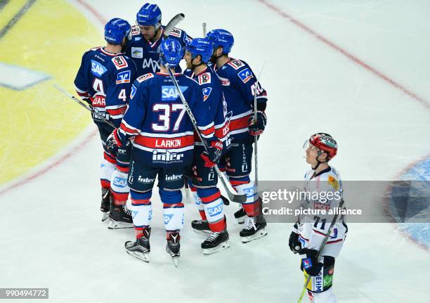 Mannheim's Andrew Desjardins celebrates his goal 6:1 at the SAP-Arena in Mannheim, Germany, 14 January 2018. Photo: Uwe Anspach/dpa