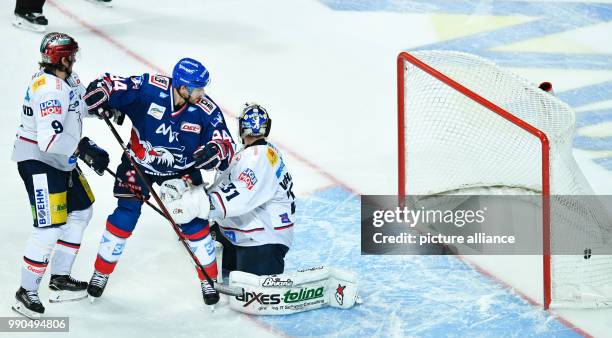 Mannheim's Andrew Desjardins scores the 6:1 passing Berlin's goalkeeper Petri Vehanen and Daniel Richmond at the SAP-Arena in Mannheim, Germany, 14...