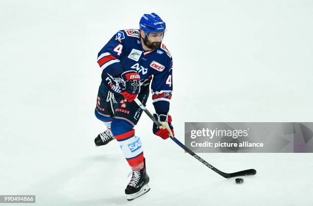 Mannheim's Mark Stuart plays the puck at the SAP-Arena in Mannheim, Germany, 14 January 2018. Photo: Uwe Anspach/dpa