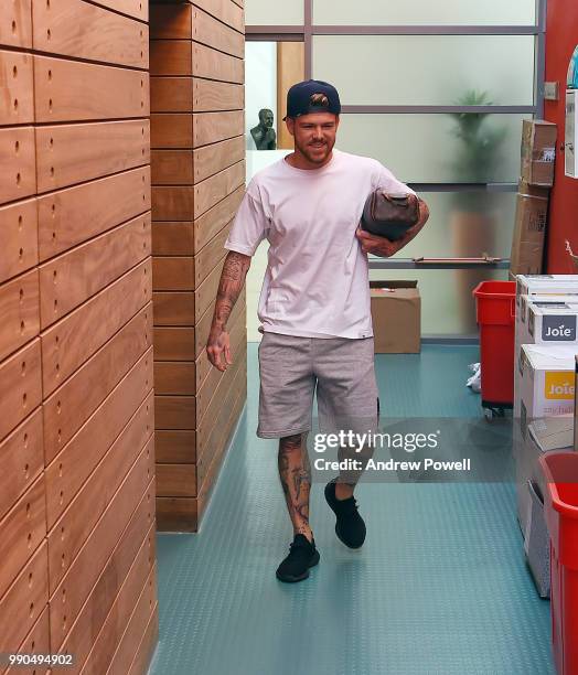 Alberto Moreno of Liverpool during the second day back at Melwood Training Ground for the pre-season training on July 3, 2018 in Liverpool, England.