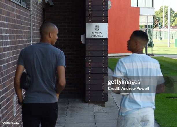 Allan Rodrigues de Souza and Fabinho of Liverpool during the second day back at Melwood Training Ground for the pre-season training on July 3, 2018...