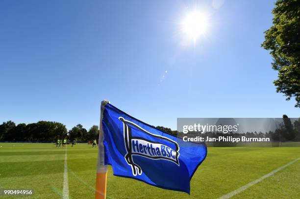 Hertha BSC flag during the training at the Schenkendorfplatz on july 3, 2018 in Berlin, Germany. A