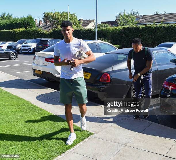 Dominc Solanke and Nathaniel Clyne of Liverpool during the second day back at Melwood Training Ground for the pre-season training on July 3, 2018 in...