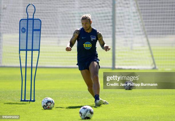 Alexander Esswein of Hertha BSC passes the ball during the training at the Schenkendorfplatz on july 3, 2018 in Berlin, Germany.