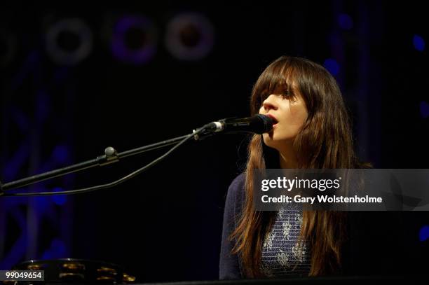 Zooey Deschanel of She & Him performs on stage during day two of All Tomorrow's Parties Festival at Butlins Holiday Centre on May 8, 2010 in...